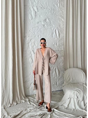 Laluvia Vizon Boncuklu Kimono Keten Takım