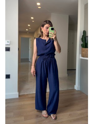 Lacivert Sıfır Kollu Önü Düğmeli Bol Paça Bluz Pantolon Takım