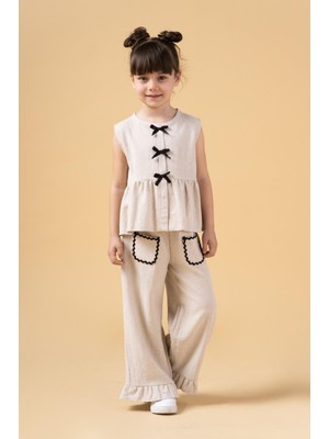 Kız Çocuk Keten Bej Fiyonklu Volan Paçalı Pantolon Ikili Takım