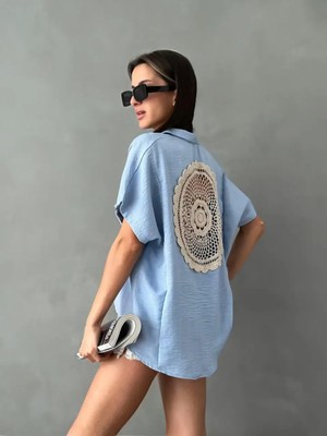 Adisia Kadın Dantel Detaylı Keten Oversize Gömlek