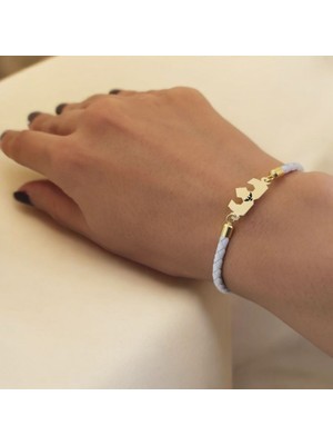 Archin Kral Kartal Temalı 14 Ayar Altın Plakalı Doğal Beyaz Derili Taç Motifli Hediye Bileklik-465SEMBOL