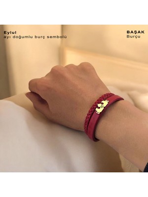 Archin Eylül Ayı Doğumlarına Koyu Kırmızı Derili Taç Figürlü 14 Ayar Altın Plakalı Hediye Bileklik-470AY