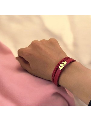 Archin Seda İsmine Özel Koyu Kırmızı Derili Taç Figürlü 14 Ayar Altın Plakalı Hediye Bileklik-470İsim