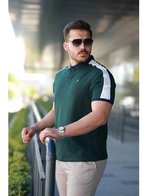 Erkek Polo Yaka Nefti Yeşil Şerit Detaylı Regular Fit Tişört - 2530