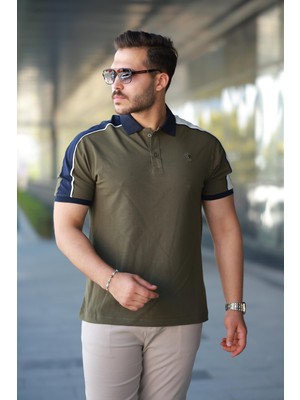 Erkek Polo Yaka Haki Şerit Detaylı Regular Fit Tişört - 2530