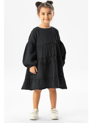 Uzun Kol Ilay Yazlık Müslin Çocuk Elbise Siyah Syh