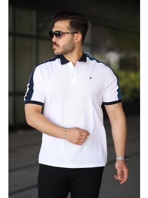 Erkek Polo Yaka Beyaz Şerit Detaylı Regular Fit Tişört - 2530