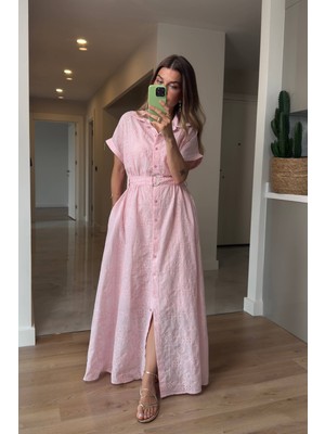 Toz Pembe Astarlı Kemerli Fisto Gömlek Elbise