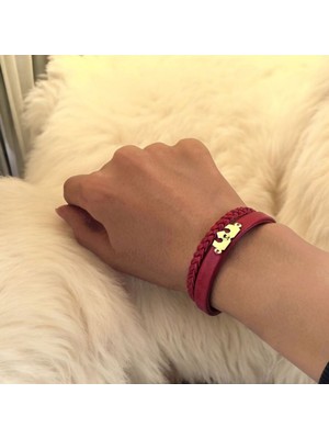 Archin Atatürk Temalı Taç Figürlü 14 Ayar Altın Plakalı Koyu Kırmızı Derili Hediye Bileklik-470SEMBOL