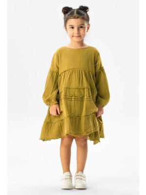 Uzun Kol Ilay Yazlık Müslin Çocuk Elbise Yağ Yeşili Ygysl