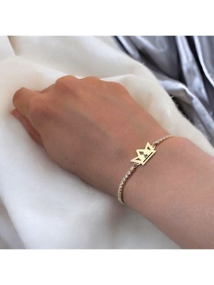 Archin Hz Ali Temalı Taç Motifli 14 Ayar Altın Plakalı Beyaz Taş Detaylı Hediye Bileklik-471SEMBOL