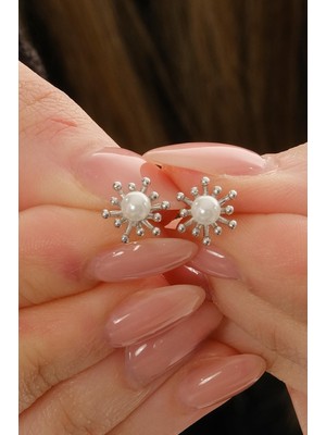 Incili Güneş Rodyumlu Mini Gümüş Küpe 7365