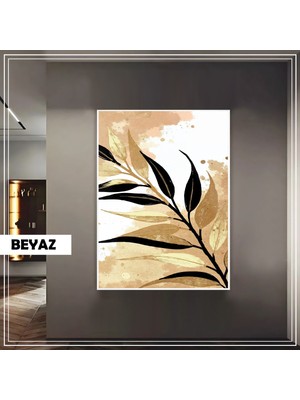 Harikabirev|soyut Bohem Altın -Siyah Yaprak Modeli|çerçeveli Temperli Cam Tablo Tekli Dikey