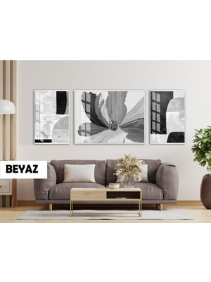 Harikabirev|(Abstract) Elegant Gri Kontrast Çiçek Modeli|çerçeveli Temperli Cam Tablo 3lü Yatay
