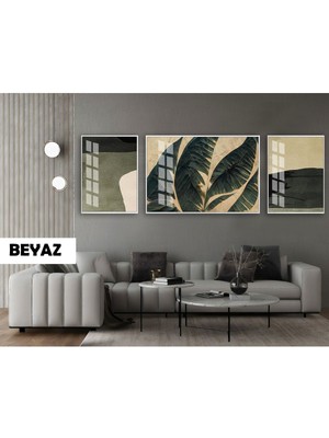 Harikabirev|(Abstract) Yeşil Palm Yaprak Modeli|çerçeveli Temperli Cam Tablo 3lü Yatay