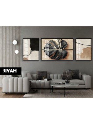 Harikabirev|(Abstract) Devetabanı Yaprak Modeli|çerçeveli Temperli Cam Tablo 3lü Yatay