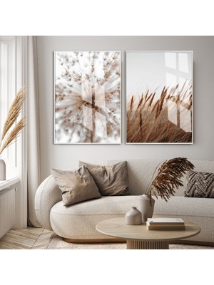 Harikabirev| Kuru Buğday Bitki Kombin (Wheat)|çerçeveli Cam Tablo 2li Dikey