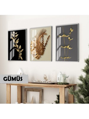 Harikabirev|altın Renk Bitkiler Kombini (Plants) |çerçeveli Cam Tablo 3lü Dikey