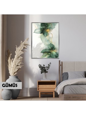 Harikabirev|yeşil-Gold Floral Çiçek Modeli |çerçeveli Cam |çerçeveli Temperli Cam Tablo Tekli Dikey