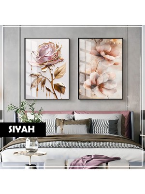 Harikabirev|toz Pembe-Gold Gül Kombin (Floral Art) |çerçeveli Cam Tablo 2li Dikey