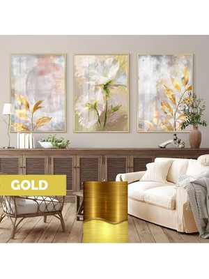 Harikabirev|gold Detaylı Abstract Beyaz Çiçek Kombini |çerçeveli Cam Tablo 3lü Dikey
