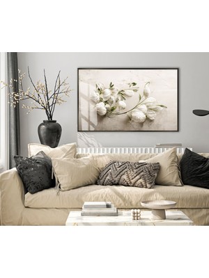 Harikabirev|whıte| Çiçek Modeli (Floral)|çerçeveli Temperli Cam Tablo Tekli Yatay