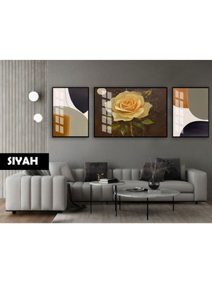 Harikabirev|(Abstract) Gül Soyut Model |çerçeveli Temperli Cam Tablo 3lü Yatay