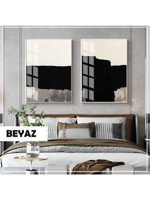 Harikabirev|soyut|ekru Siyah Gri Abstract Kombin |çerçeveli Cam Tablo 2li Dikey