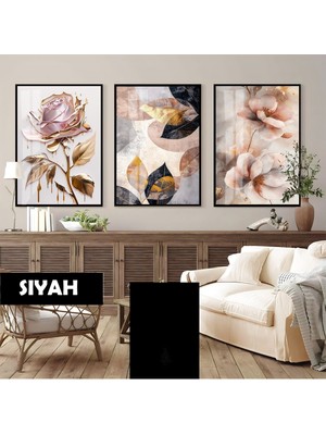 Harikabirev|(Pınk&gold) Çiçek Gül Kombini |çerçeveli Cam Tablo 3lü Dikey