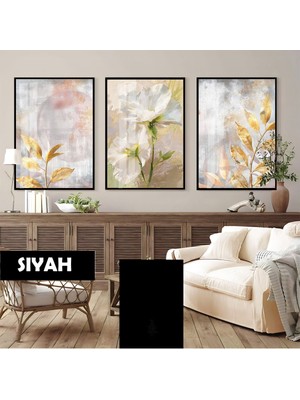Harikabirev|gold Detaylı Abstract Beyaz Çiçek Kombini |çerçeveli Cam Tablo 3lü Dikey