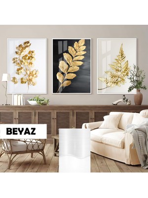 Harikabirev|gold Yapraklı Kombini (Frond)|çerçeveli Cam Tablo 3lü Dikey