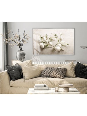 Harikabirev|whıte| Çiçek Modeli (Floral)|çerçeveli Temperli Cam Tablo Tekli Yatay