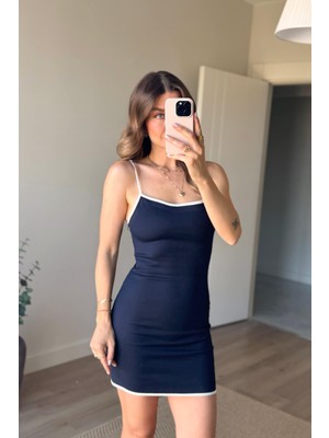 Lacivert Beyaz Askılı Premium Mini Elbise