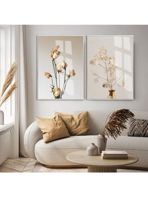 Harikabirev|floral Kuru Gül Kombini |çerçeveli Cam Tablo 2li Dikey