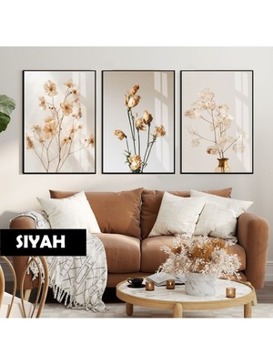 Harikabirev|soft Krem Çiçeği-Gül Kombini |çerçeveli Cam Tablo 3lü Dikey