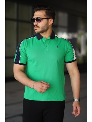 Erkek Polo Yaka Yeşil Şerit Detaylı Regular Fit Tişört - 2530