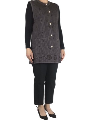 Ece Giyim Kadın Yelek İnce Delikli Örme Kumaş Şık Düğmeli Cepli Tasarım