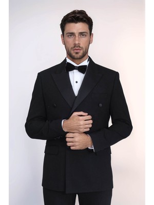 Saten Yaka Slim Fit Kruvaze Siyah Smokin Takım Elbise – Wessi