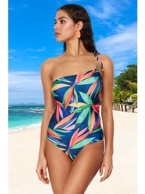 Desenli Tek Omuz Mayo Banyo Kıyafeti Plaj Mayosu Esnek Kumaş Yüzme Premium Kalite