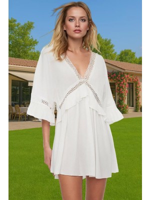 Kadın Mini Plaj Elbisesi V Yaka Büzgülü Kol Crinkle Dokuma Yazlık Zarifane Tasarım Modern Stil