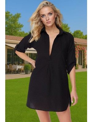 Kadın V Yaka Mini Pamuklu Plaj Elbisesi Rahat Yazlık Şık Tasarım Şık Görünüm Konforlu Kesim