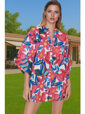 Kadın Çiçek Desenli Mini Pamuklu Plaj Elbisesi Rahat Yazlık Zarifane Tasarım Zarifane Tasarım