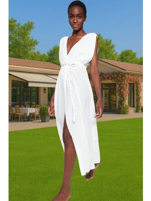 Maxi Dokuma Yırtmaçlı Plaj Elbisesi Viskoz Polyester Yazlık Profesyonel Görünüm Rahat Kullanım