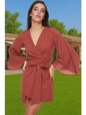 Yazlık Kadın Mini Plaj Elbisesi Pamuklu Flamlı Dokuma V Yaka Günlük Kullanım Için Zarifane Tasarım