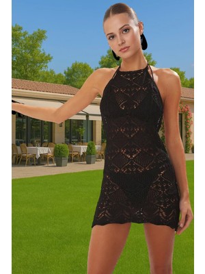 Kadın Mini Boy Halter Yaka Örme Plaj Elbisesi Pamuklu Yazlık Yüksek Kalite Seçkin Malzeme