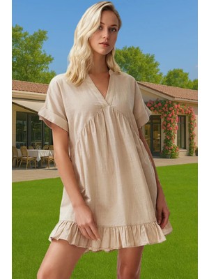 Yazlık Mini Pamuklu Plaj Elbisesi Geniş Kalıp V Yaka Kaliteli Işçilik Uzun Ömürlü Kaliteli Işçilik