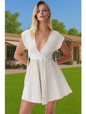 Yazlık Keten Karışımlı Mini Elbise V Yaka Dokuma Plaj Elbisesi Profesyonel Görünüm Dayanıklı Malzeme