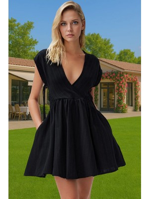 Yazlık Keten Karışımlı Mini Elbise V Yaka Dokuma Plaj Elbisesi Profesyonel Görünüm Dayanıklı Malzeme