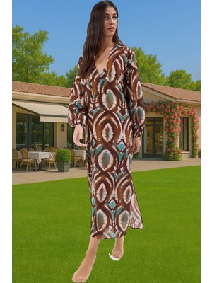 Etnik Desenli Maxi Pamuklu Balon Kollu Plaj Elbisesi Yazlık Rahat Özel Tasarım Rahat Kullanım
