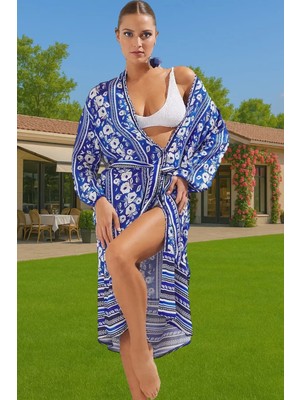 Plaj Elbisesi Maxi Şifon Desenli Kuşaklı Yazlık Özel Tasarım Kaliteli Işçilik Yüksek Kalite